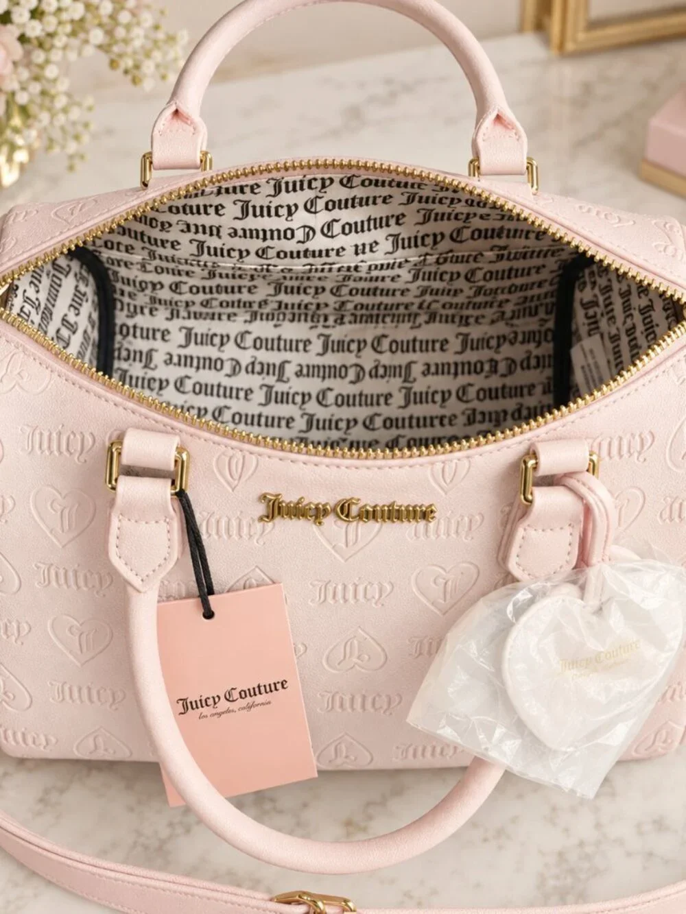 Juicy Couture Fame Pink Heart Embossed Satchel Crossbody Bag Charm NWT